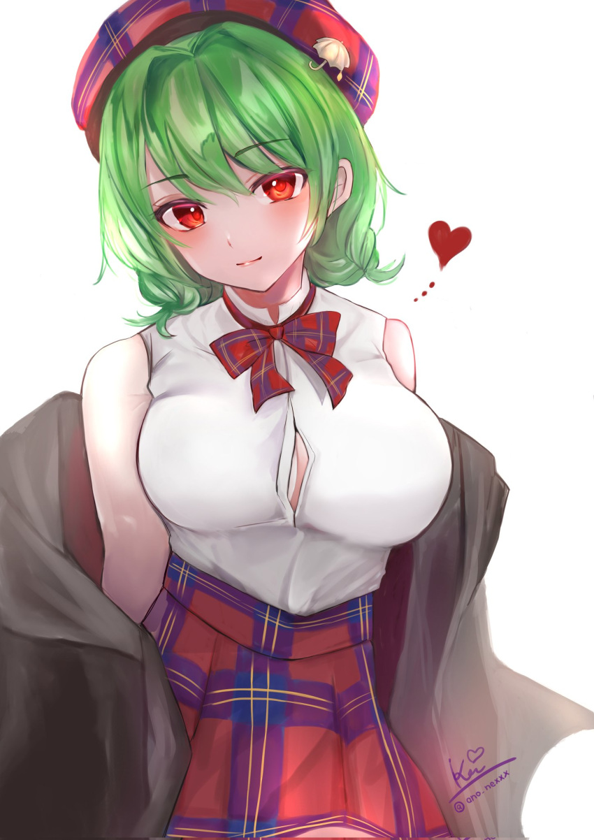 1girl alternate_costume beret breasts cleavage coat green_hair hat heart highres kazami_yuuka kei_(hidden) large_breasts long_skirt looking_at_viewer neck_ribbon plaid plaid_headwear plaid_ribbon plaid_skirt red_eyes red_headwear red_ribbon red_skirt ribbon shirt simple_background skirt sleeveless smile solo touhou unbuttoned unbuttoned_shirt wavy_hair white_background white_shirt