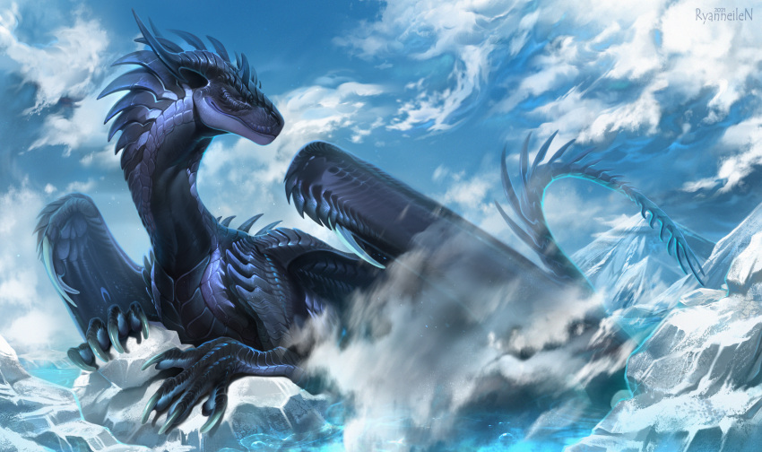 2021 absurd_res ambiguous_gender claws day detailed_background digital_media_(artwork) dragon feral hi_res horn ice kdromka membrane_(anatomy) membranous_wings outside reptile scales scalie sky solo spines western_dragon wings