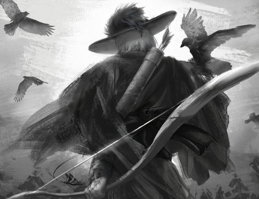 1boy absurdres animal animal_on_shoulder arrow_(projectile) bird bird_on_shoulder bow_(weapon) cape facing_away from_behind greyscale hand_tattoo hat highres holding holding_bow_(weapon) holding_weapon long_sleeves male_focus monochrome plume quiver rook_hunt solo tamuo tassel twisted_wonderland weapon