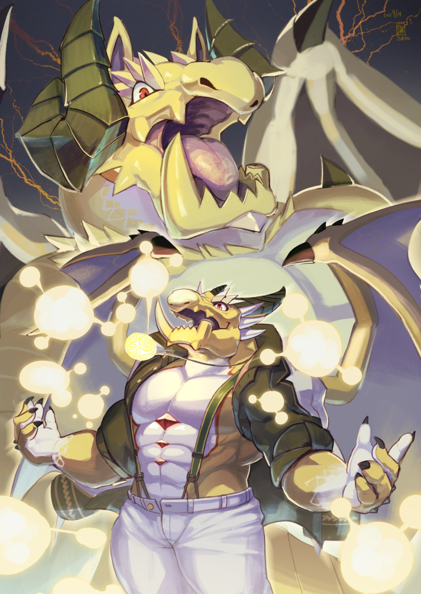 abs anthro clothed clothing dragon hi_res horn itohiro0305 jacket laugh lifewonders male maniacal_laughing muscular muscular_anthro muscular_male open_clothing open_jacket open_topwear ophion pecs scales shirtless tokyo_afterschool_summoners topwear video_games wings yellow_body yellow_scales