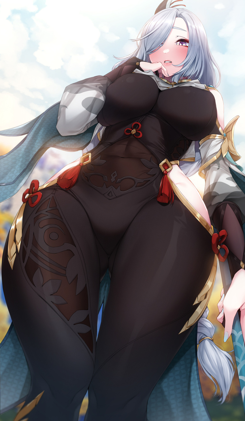 absurdres bed belly blue_hair blush breasts cyro duplicate female genshin_impact highres hip ice long_hair mature_female pixel-perfect_duplicate shenhe_(genshin_impact) thighhighs thighs tummy