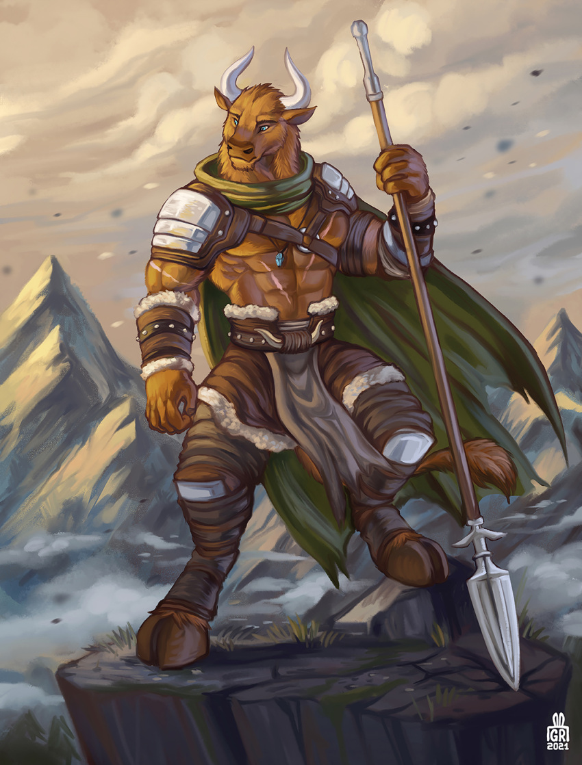 anthro bovid bovine byowt clothing detailed_background digital_media_(artwork) european_mythology greek_mythology hi_res horn male mammal minotaur muscular mythology outside scar solo weapon