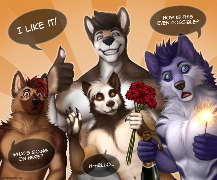 2021 5_fingers alcohol anthro beverage black_nose blue_eyes bottle bouquet brown_body brown_fur brown_hair brown_nose canid canine canis champagne clockhands clothed clothing dayji_(talldoggo) dialogue domestic_dog english_text fingers flower fur german_shepherd gesture greeting group hair herding_dog holding_bottle holding_bouquet holding_flower holding_object kairo_(riyuujinsei) klaus_(clockhands) looking_at_viewer looking_sideways looking_surprised male mammal markings navel neck_tuft open_mouth orange_eyes pastoral_dog paul_(majin764) pecs plant purple_body purple_fur purple_hair red_eyes red_hair simple_background smile sparkles speech_bubble surprise surprised_expression tan_body tan_fur text thumbs_up topless tuft were werecanid werecanine werewolf white_body white_fur white_hair wolf