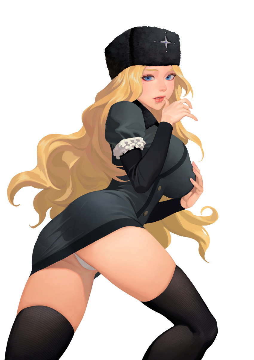 1girl absurdres ass black_legwear blonde_hair blue_dress blue_eyes breasts buttons clenched_teeth commission cowboy_shot double-breasted dress fighter finger_to_mouth frills from_behind from_below fur_hat fur_trim hand_on_own_chest hands_up hat highres hongcasso juliet_sleeves kneepits kolin large_breasts lips long_hair long_sleeves looking_at_viewer looking_back nose panties pantylines pantyshot pencil_dress puffy_sleeves pursed_lips russian_clothes self_fondle short_dress simple_background skindentation skirt solo street_fighter street_fighter_v taut_clothes taut_dress taut_skirt teeth thighhighs thighs tight tight_dress tsurime underwear ushanka very_long_hair wavy_hair white_background white_panties zettai_ryouiki