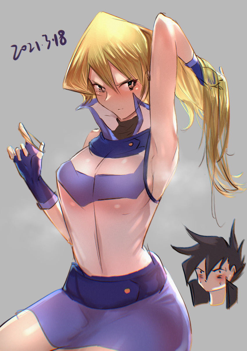 1boy 1girl absurdres arm_up armpits black_hair blonde_hair blue_gloves blue_skirt blush breasts cowboy_shot dated fingerless_gloves gloves highres large_breasts long_hair manjoume_jun nakagawa_kanon_(pixiv32798535) see-through_shirt shirt shirt_tucked_in skirt sleeveless sleeveless_shirt solo_focus steam tenjouin_asuka yu-gi-oh! yu-gi-oh!_gx