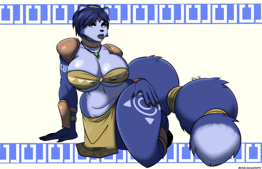 anthro black_nose blue_fur blue_hair breasts canine clothing dipstick_tail eyeshadow female fox fur green_eyes hair hairband hi_res jewelry kingjaguar krystal makeup mammal markings multicolored_tail necklace nintendo pinup pose short_hair shoulder_pads solo star_fox star_fox_adventures tailband thick_thighs tribal_markings video_games white_fur