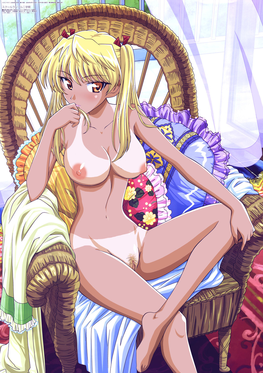 adjusting_hair barefoot blonde_hair breasts chair crossed_legs curtains feet hara_yumiko highres large_breasts lipstick long_hair makeup megami nipples non-web_source nude nude_filter orange_eyes pillow pubic_hair pussy sawachika_eri scan school_rumble sitting solo tan tanline third-party_edit twintails uncensored