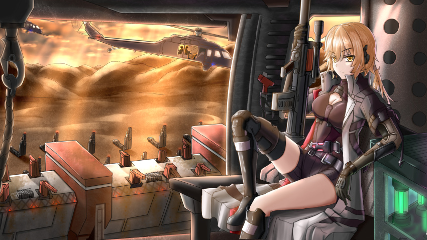 1girl aircraft assault_rifle asymmetrical_legwear bangs belt black_gloves black_legwear blonde_hair breasts cleavage closed_mouth commentary_request eyebrows_visible_through_hair frost2042 girls'_frontline girls'_frontline_2:_exilium gloves gun hair_between_eyes headset helicopter highres holding holding_gun holding_weapon long_hair long_sleeves looking_at_viewer medium_breasts ots-14 ots-14_(girls'_frontline) rifle sitting solo weapon yellow_eyes