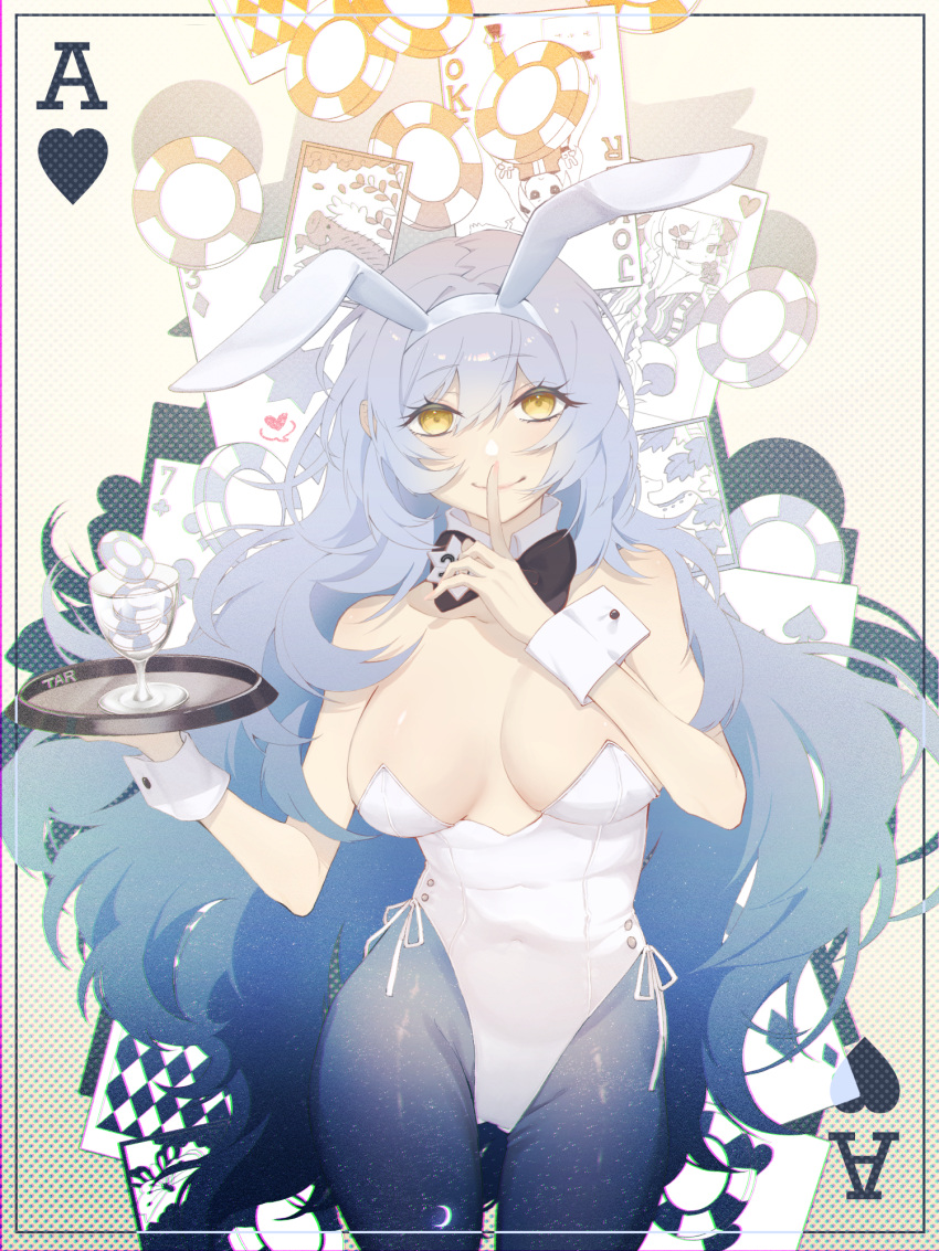 1girl animal_ears bangs bare_shoulders black_bow black_bowtie blue_legwear bow bowtie breasts card chips closed_mouth collarbone eyebrows_visible_through_hair fake_animal_ears feet_out_of_frame finger_to_mouth food girls'_frontline hair_between_eyes highres holding holding_tray large_breasts light_blue_hair long_hair looking_at_viewer pantyhose playboy_bunny rabb_horn rabbit_ears smile solo standing tar-21_(girls'_frontline) tray yellow_eyes