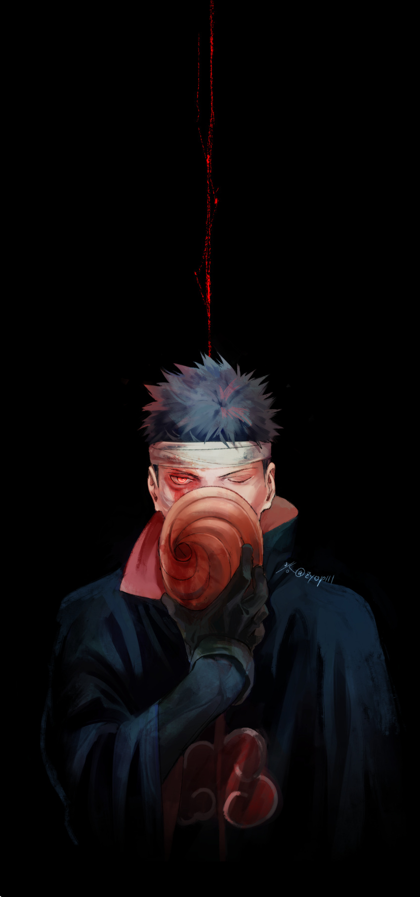 1boy absurdres akatsuki_(naruto) akatsuki_uniform bandaged_head bandages black_coat black_gloves black_hair blood blood_on_face coat gloves high_collar highres holding holding_mask male_focus mask mask_removed naruto_(series) naruto_shippuuden one_eye_closed red_eyes scar scar_on_face sharingan solo spiked_hair uchiha_obito wide_sleeves zifletts