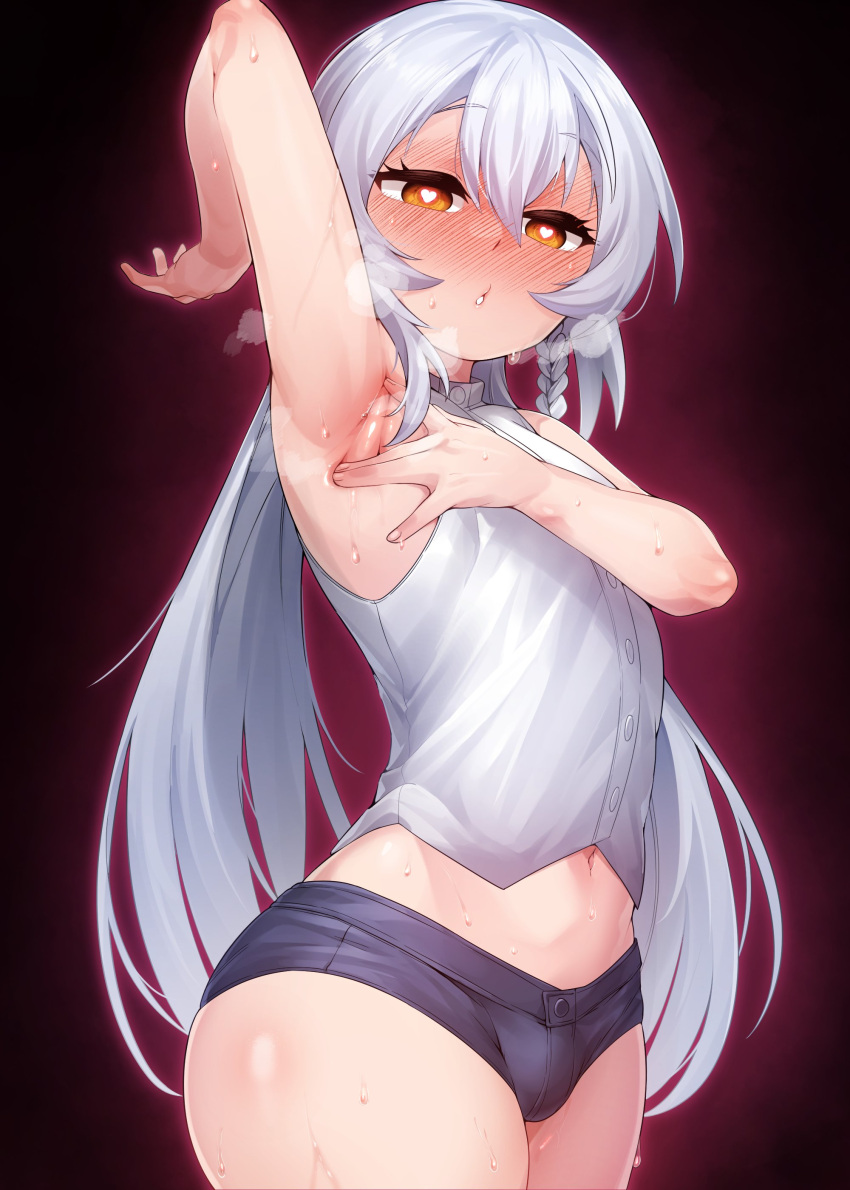 1boy absurdres arm_up armpits bare_shoulders blush braid bulge commentary_request crop_top eyebrows_visible_through_hair heart heart-shaped_pupils highres in_(ain) korean_commentary long_hair looking_at_viewer male_focus midriff navel open_mouth orange_eyes otoko_no_ko simple_background sleeveless solo spread_armpit steaming_body sweat sweating_profusely symbol-shaped_pupils tongkkangi tongkkangi_(streamer) white_hair