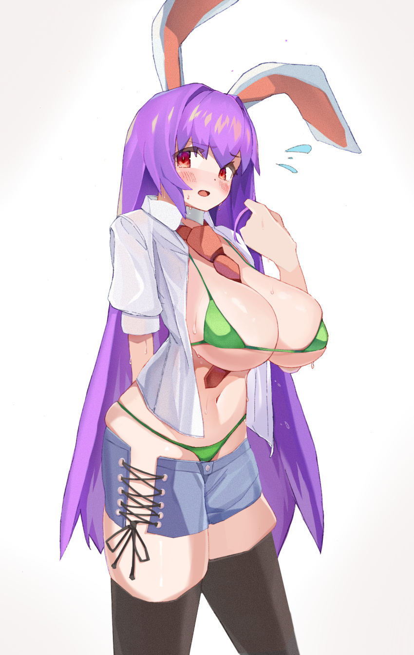 1girl animal_ears between_breasts bikini black_legwear breasts bursting_breasts contrapposto cowboy_shot cross-laced_clothes flying_sweatdrops green_bikini highres large_breasts long_hair looking_to_the_side necktie necktie_between_breasts purple_hair rabbit_ears red_eyes red_necktie reisen_udongein_inaba semotaretare simple_background solo standing swimsuit thighhighs touhou very_long_hair white_background