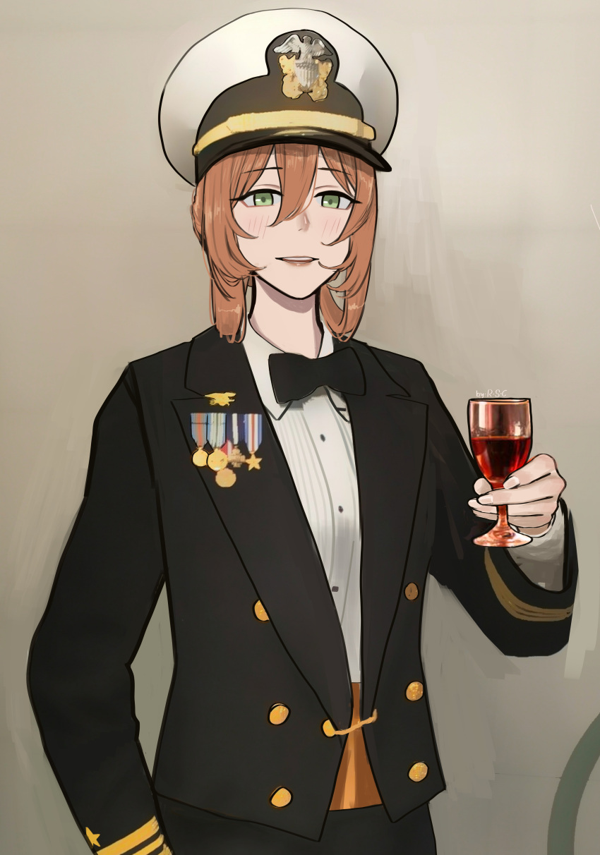1girl absurdres artist_name bangs black_bow black_bowtie black_jacket blush bow bowtie cup drinking_glass eyebrows_visible_through_hair feet_out_of_frame girls'_frontline glass green_eyes hair_between_eyes hat highres holding holding_cup jacket lips long_hair looking_at_viewer military military_hat military_uniform open_mouth orange_hair rsc shirt simple_background smile solo springfield_(girls'_frontline) standing teeth uniform upper_teeth white_shirt wine_glass