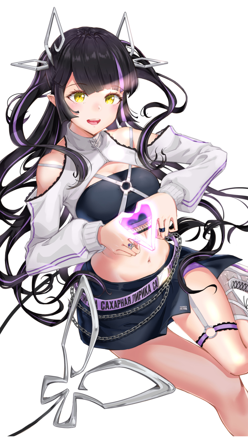 1girl absurdres bangs black_hair black_skirt black_tube_top blunt_bangs blush breasts chain cleavage commentary_request demon_girl demon_horns demon_tail eyebrows_visible_through_hair feet_out_of_frame grey_jacket heart heart_hands highres horns jacket kojo_anna long_hair long_sleeves looking_at_viewer medium_breasts midriff miniskirt multicolored_hair navel official_alternate_costume open_mouth pointy_ears purple_hair russian_text sankyo_(821-scoville) shrug_(clothing) simple_background skirt smile solo sugar_lyric tail thigh_strap transparent_background twintails two-tone_hair virtual_youtuber yellow_eyes