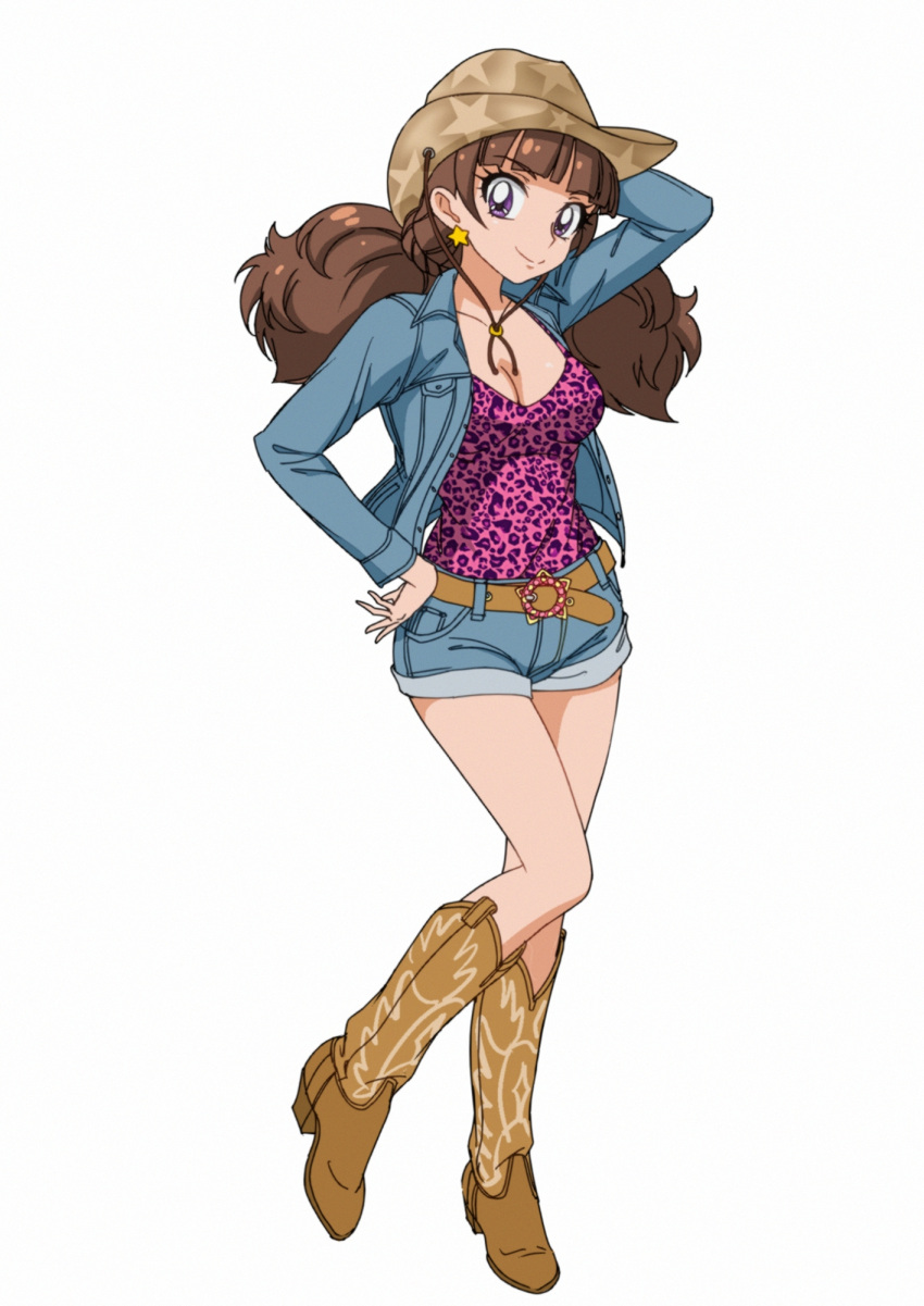 1girl amanogawa_kirara arm_up bangs blue_jacket blue_shorts blunt_bangs boots breasts brown_footwear brown_hair brown_headwear cleavage collarbone denim denim_jacket denim_shorts earrings eyebrows_visible_through_hair full_body go!_princess_precure hand_on_hip hat highres jacket jewelry knee_boots long_hair long_sleeves looking_at_viewer medium_breasts open_clothes open_jacket pink_shirt precure print_headwear print_shirt purple_eyes shiny shiny_hair shirt short_shorts shorts simple_background solo standing star_(symbol) star_earrings star_print towairaito-chan! white_background