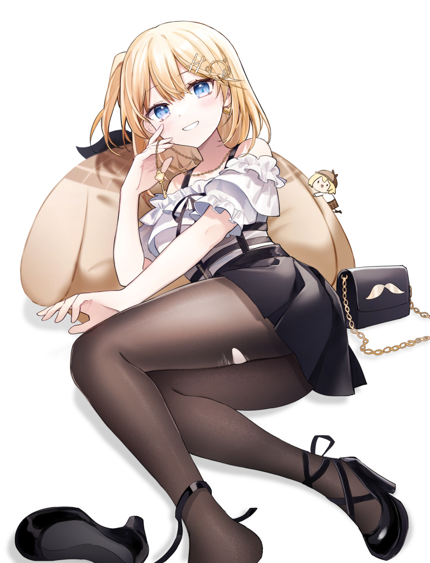 1girl absurdres bag blonde_hair blue_eyes casual frills grin hair_ornament hairclip handbag high_heels highres hololive hololive_english jewelry key_necklace lying matsu82_p monocle_hair_ornament necklace on_back pantyhose pillow shoes side_ponytail single_shoe smile smol_ame solo torn_clothes torn_legwear virtual_youtuber walfie_(style) watson_amelia