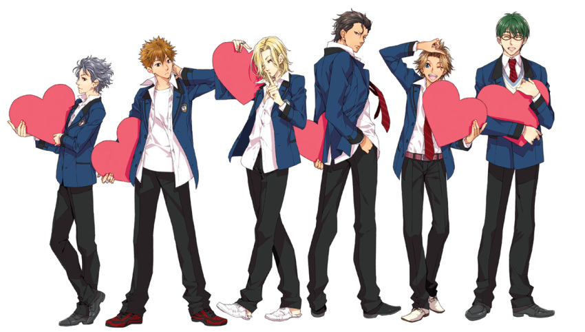 6+boys ;d ahoge arm_up bangs belt black_footwear black_hair black_pants blazer blonde_hair blue_eyes blue_jacket brown_hair carrying carrying_under_arm collared_shirt dress_shirt facing_viewer finger_to_mouth fujiyama_arashi glasses green_hair grey_hair habataki_academy_uniform hair_between_eyes hair_slicked_back hair_strand hand_in_pocket hand_on_own_chest heart holding index_finger_raised jacket konno_tamao legs_apart lineup long_sleeves looking_at_viewer looking_back male_focus multiple_boys necktie niina_junpei no_neckwear one_eye_closed open_clothes open_shirt pan_chira pants profile red_footwear red_necktie sakurai_kouichi sakurai_ruka school_uniform shirt shitara_seiji shoes short_hair shushing simple_background smile sneakers spiked_hair standing striped_necktie sweater tokimeki_memorial tokimeki_memorial_girl's_side tokimeki_memorial_girl's_side_3rd_story undershirt untucked_shirt walking white_background white_shirt