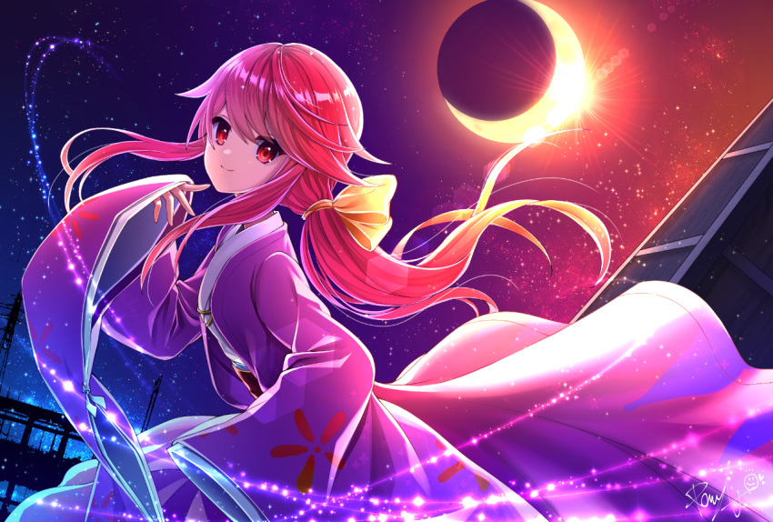 1girl arm_up bangs blush bow closed_mouth coat commentary_request eclipse eyelashes floral_print full_body hair_between_eyes hair_bow japanese_clothes kimono kotohime_(touhou) lens_flare light_particles long_hair long_sleeves looking_at_viewer looking_to_the_side low-tied_long_hair obi open_clothes open_coat purple_coat purple_kimono red_eyes red_hair reflection sash sea_scorpion_(umisasori) shiny shiny_hair sidelocks signature sleeves_past_fingers sleeves_past_wrists smile solar_eclipse solo space sparkle standing sun swept_bangs touhou touhou_(pc-98) wide_sleeves yellow_bow