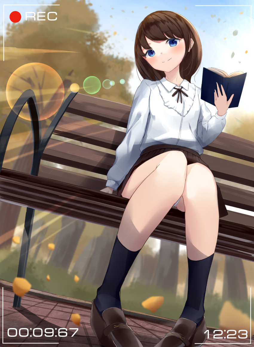 1girl absurdres akinakesu-chan autumn_leaves bangs black_legwear black_skirt blue_eyes book brown_footwear brown_hair brown_ribbon closed_mouth collared_shirt commentary commission day dress_shirt eyebrows_visible_through_hair hand_up head_tilt highres holding holding_book loafers looking_at_viewer neck_ribbon on_bench open_book original outdoors panties petals pleated_skirt recording ribbon shirt shoes sitting skirt smile socks solo underwear viewfinder white_panties white_shirt