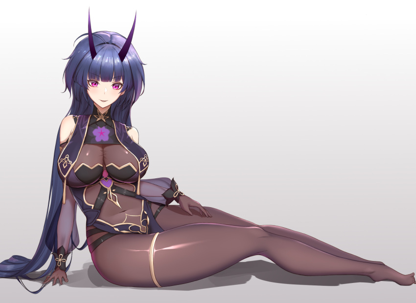 1girl bangs black_legwear blue_hair bodystocking breasts closed_mouth eyebrows_visible_through_hair hair_between_eyes hand_on_floor hand_on_thigh highres honkai_(series) honkai_impact_3rd horns jin_mu_mulin large_breasts long_hair looking_at_viewer no_shoes on_floor purple_eyes raiden_mei raiden_mei_(lightning_empress) smile solo very_long_hair white_background