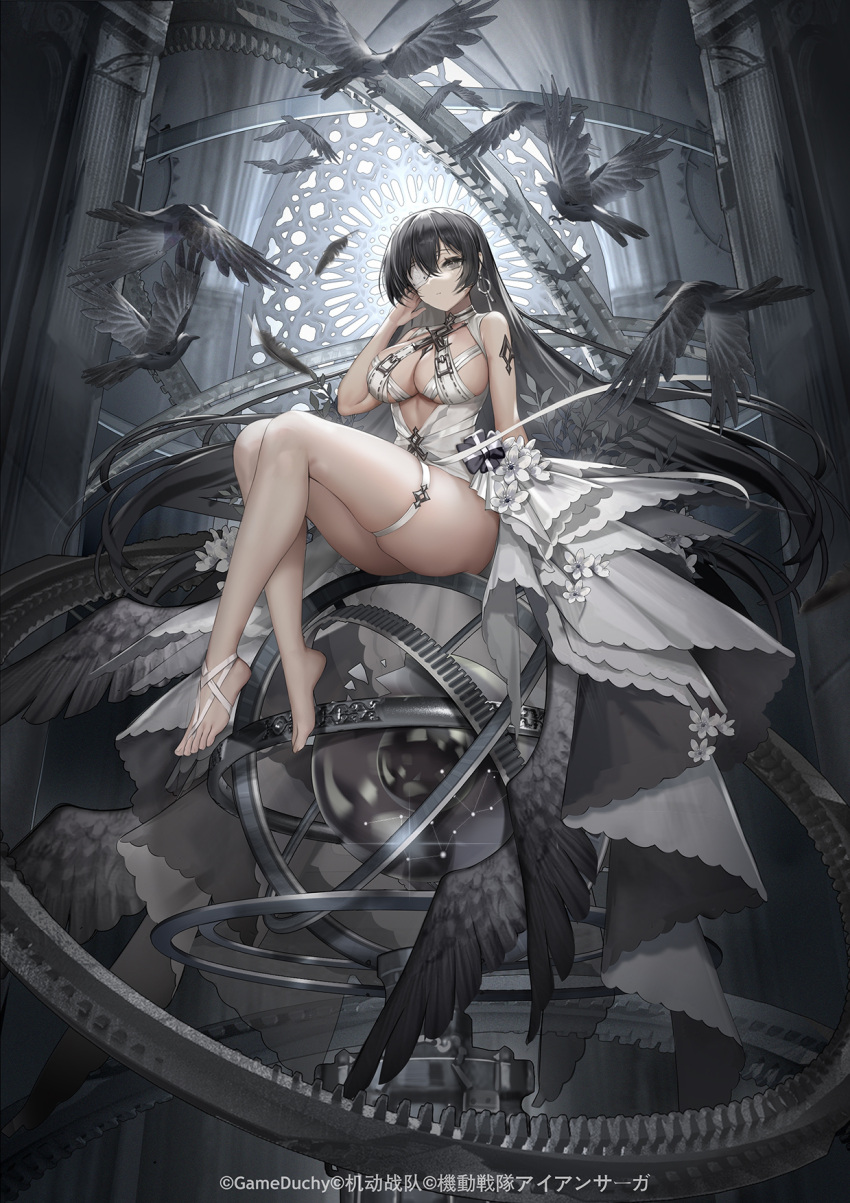 1girl animal armillary_sphere bangs bare_shoulders barefoot between_toes bird black_bow black_dress black_eyes bow breasts constellation cross crow dress earrings eyepatch feathers flock flower gears glint hair_between_eyes hand_up highres hoop_earrings indoors iron_saga jewelry large_breasts long_hair looking_at_viewer official_art one_eye_covered plantar_flexion revealing_clothes ribbon see-through sidelocks sitting sitting_on_object sleeveless sleeveless_dress solo thigh_strap very_long_hair white_bow white_dress white_eyepatch white_flower white_ribbon zjsstc