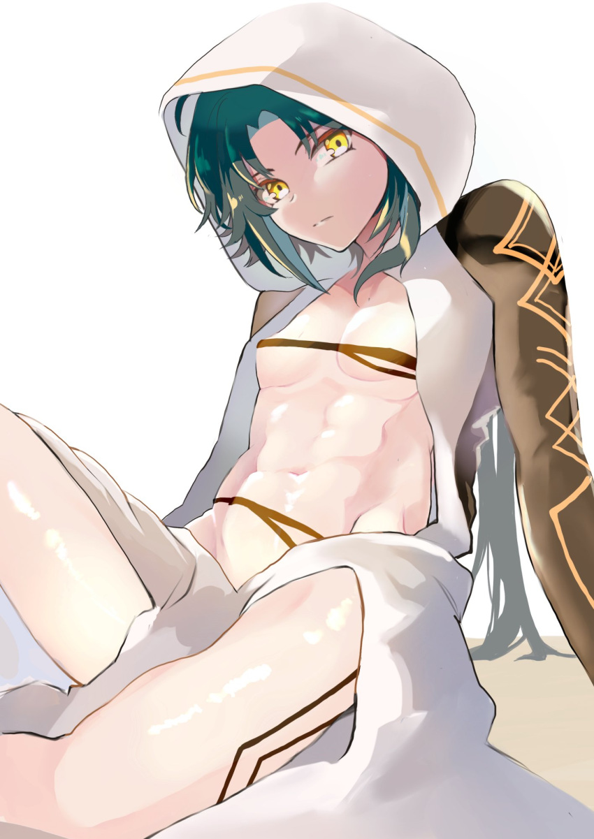 1boy abs ahoge arm_tattoo bangs bare_shoulders black_hair closed_mouth coat commentary_request covered_nipples genshin_impact green_hair highres hood hood_up hooded_coat looking_at_viewer male_focus multicolored_hair parted_bangs pectorals short_hair_with_long_locks simple_background sleeveless solo tattoo toned toned_male two-tone_hair white_background white_coat xiao_(genshin_impact) yellow_eyes yuno_setouchi