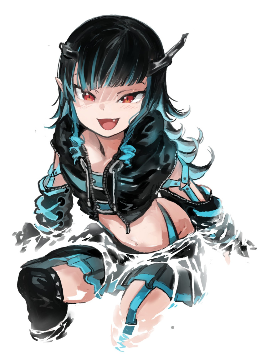 1girl bangs belt beltbra black_gloves black_hair black_jacket black_legwear black_skirt blue_belt blue_hair blunt_bangs blush chest_belt clothing_cutout commentary_request cropped_jacket cross-laced_sleeves demon_girl demon_horns fang feet_out_of_frame flat_chest gloves grey_skirt highres horns jacket layered_skirt long_hair long_sleeves looking_at_viewer midriff multicolored_hair navel okbnkn open_clothes open_jacket open_mouth partially_fingerless_gloves pointy_ears red_eyes shishio_chris shoulder_cutout simple_background single_thighhigh skirt smile solo sugar_lyric thighhighs two-tone_hair virtual_youtuber white_background zipper_skirt