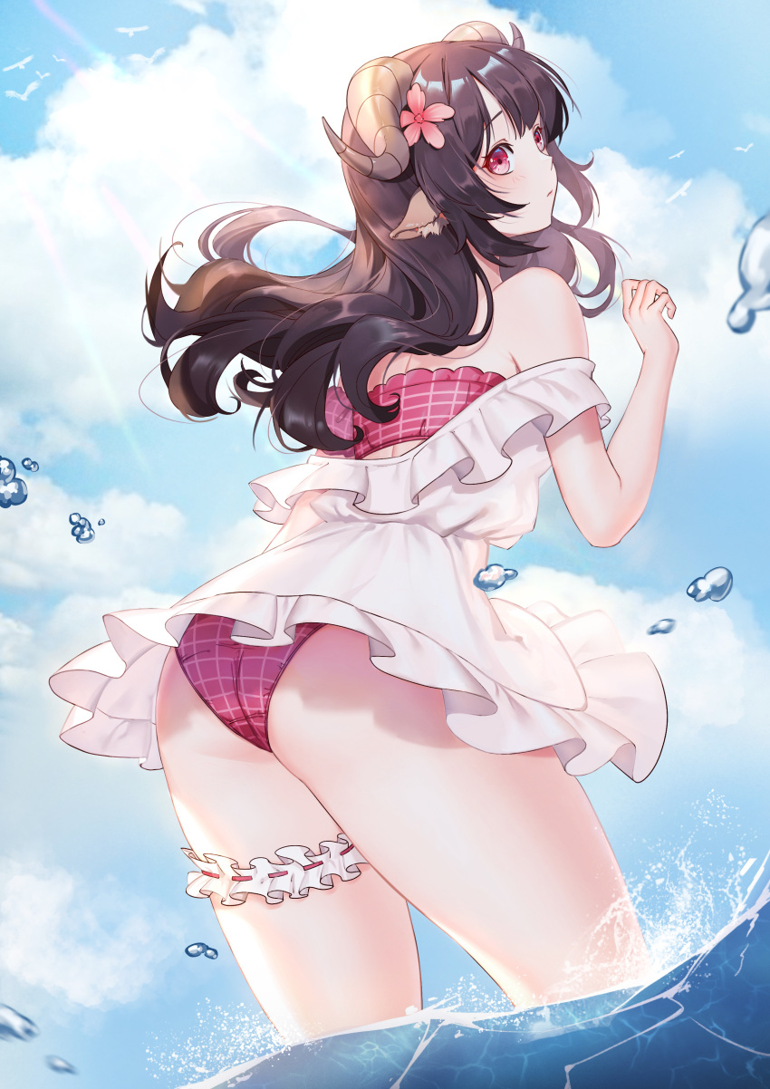 1girl absurdres animal_ears arknights bangs bare_shoulders bikini bikini_under_clothes black_hair blue_sky bow brown_hair cloud cowboy_shot day dress eyjafjalla_(arknights) floating_hair flower frilled_dress frills from_behind hair_flower hair_ornament highres horns leaning_forward leg_garter long_hair looking_away looking_to_the_side ocean off_shoulder plaid plaid_bow qingtiana red_eyes red_flower sheep_ears sheep_horns short_dress sky solo standing swimsuit wading water_drop white_dress
