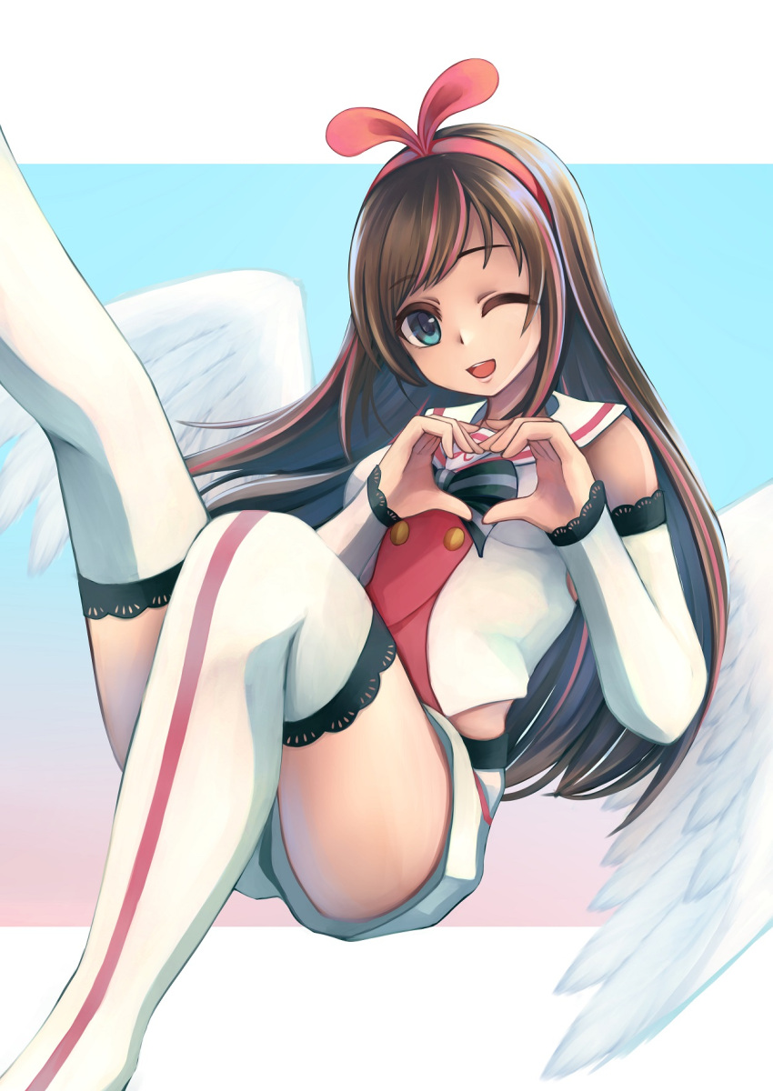 1girl ;d aira_(qwedcxza49) angel_wings blue_eyes brown_hair collared_shirt detached_sleeves feathered_wings floating_hair hairband heart heart_hands highres kizuna_ai kizuna_ai_inc. long_hair long_sleeves looking_at_viewer multicolored_hair one_eye_closed pink_hair pink_hairband sailor_collar sailor_shirt shirt short_shorts shorts sleeveless sleeveless_shirt smile solo straight_hair thighhighs two-tone_hair very_long_hair virtual_youtuber white_legwear white_sailor_collar white_shirt white_shorts white_sleeves white_wings wings zettai_ryouiki