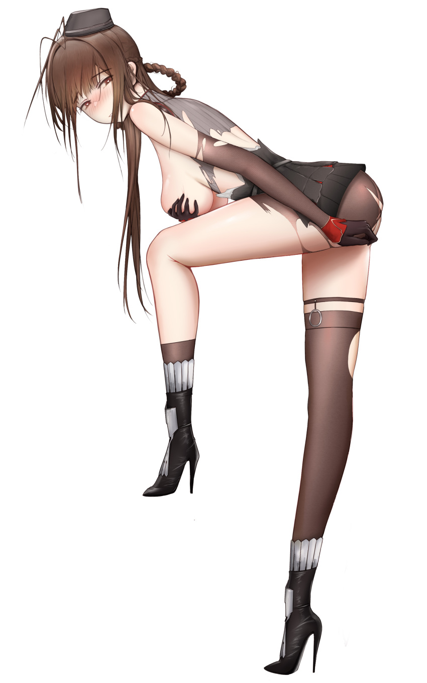 1girl absurdres asymmetrical_legwear bangs black_footwear black_gloves black_headwear black_legwear black_skirt blush boots braid breasts brown_hair closed_mouth dsr-50_(girls'_frontline) eyebrows_visible_through_hair full_body girls'_frontline gloves hand_on_ass hand_on_breast high_heel_boots high_heels highres jin_mu_mulin long_hair looking_back medium_breasts profile red_eyes skirt socks solo standing thighhighs torn_clothes white_background