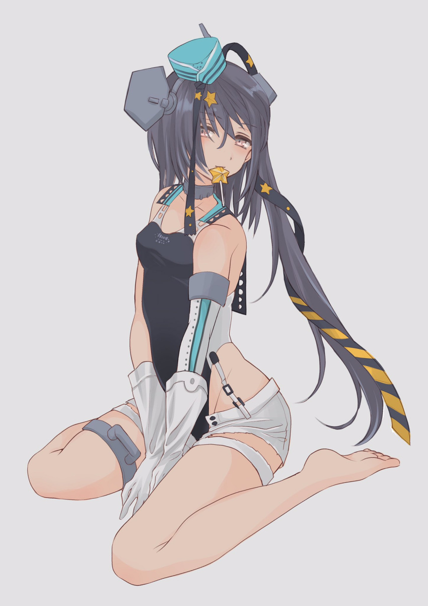 1girl aqua_headwear ari_(ari_m34) bare_shoulders between_legs black_swimsuit breasts brown_eyes candy competition_swimsuit elbow_gloves food food_in_mouth garrison_cap gloves grey_hair hair_ornament hand_between_legs hat highres kantai_collection lollipop long_hair looking_at_viewer multicolored_clothes one-piece_swimsuit scamp_(kancolle) short_shorts shorts side_ponytail simple_background sitting small_breasts star_(symbol) star_hair_ornament swimsuit thigh_strap white_gloves white_shorts
