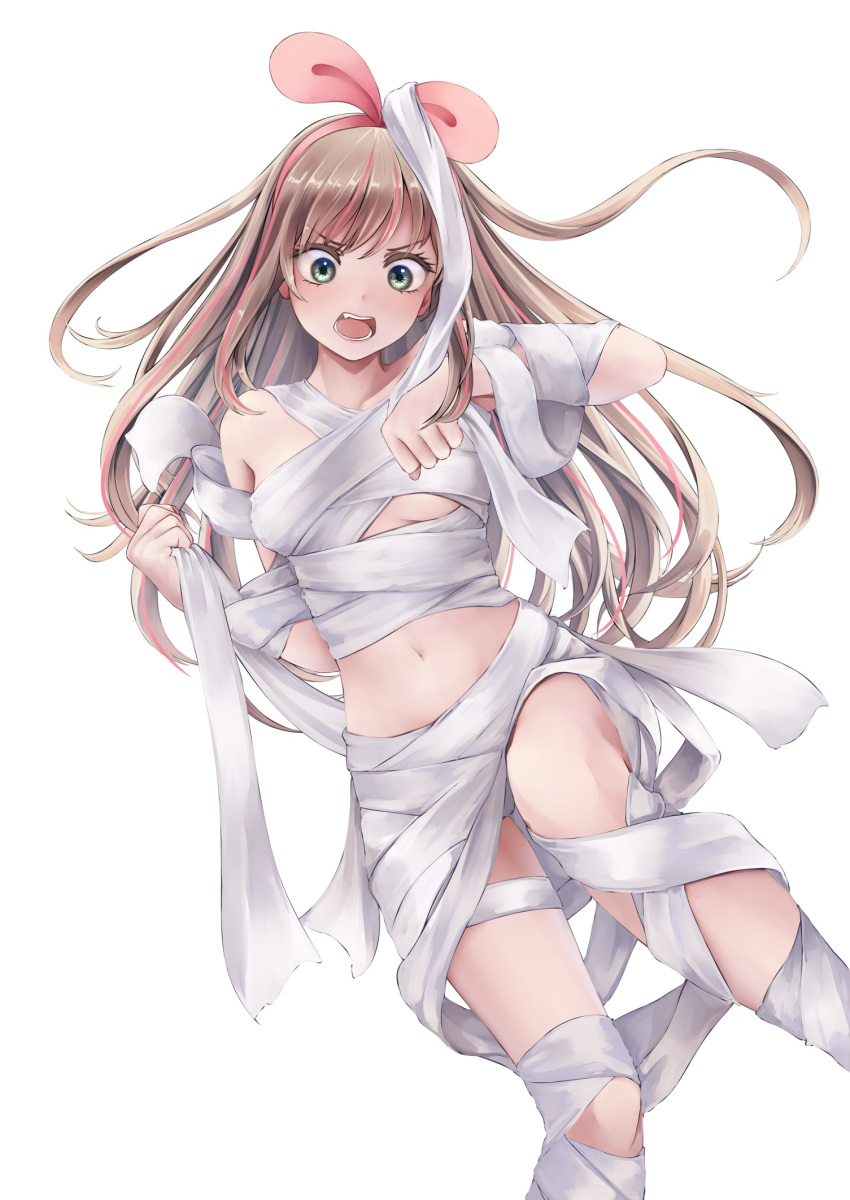 1girl aira_(qwedcxza49) bandages breasts brown_hair collarbone floating_hair green_eyes hairband highres kizuna_ai kizuna_ai_inc. long_hair midriff multicolored_hair naked_bandage navel open_mouth pink_hairband shiny shiny_hair simple_background small_breasts solo stomach two-tone_hair underboob v-shaped_eyebrows very_long_hair virtual_youtuber white_background