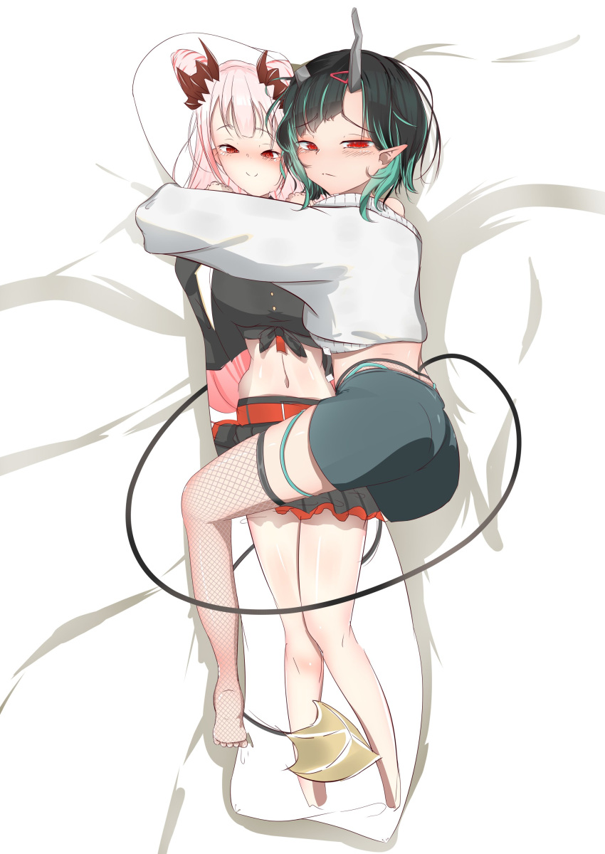 1girl absurdres ass bangs barefoot black_hair blue_hair blush closed_mouth commentary_request cropped_sweater dakimakura_(object) demon_girl demon_horns demon_tail eyebrows_visible_through_hair fishnet_legwear fishnets full_body grey_shorts grey_sweater highres holding holding_pillow honey_strap horns inabamaru long_sleeves looking_at_viewer multicolored_hair object_hug official_alternate_costume pillow pillow_hug pointy_ears red_eyes shishio_chris short_hair shorts solo sugar_lyric suou_patra sweater tail thighhighs two-tone_hair virtual_youtuber