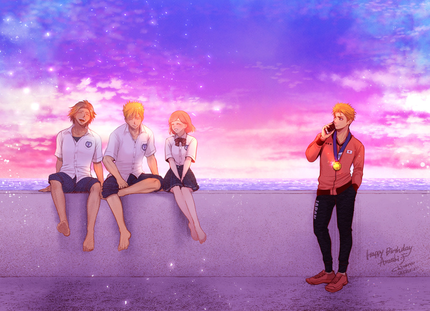 1girl 3boys bare_legs barefoot black_pants blonde_hair bob_cut bow bowtie brown_hair character_name chiroru collared_shirt dated dress_shirt english_text facing_viewer fujiyama_arashi gradient_sky habataki_academy_uniform hand_in_pocket happy_birthday highres holding holding_phone horizon jacket japanese_flag light_particles long_sleeves looking_to_the_side medal memory miniskirt multiple_boys niina_junpei ocean older orange_hair pants pants_rolled_up phone pleated_skirt protagonist_(tokimemo_gs3) red_bow red_bowtie red_footwear red_jacket school_uniform shirt shoes short_hair short_sleeves sitting skirt sky smile spiked_hair standing talking_on_phone tokimeki_memorial tokimeki_memorial_girl's_side_3rd_story white_shirt