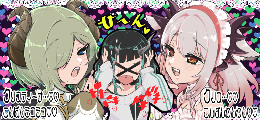 &gt;_&lt; 3girls :d absurdres bangs black_hair blue_eyes blue_hair blue_tank_top blush bow bowtie breasts cleavage collar commentary_request covering_ears demon_girl demon_horns detached_collar fang frilled_hairband frills green_hair grey_hair grey_sweater hair_over_one_eye hairband heart heart_background highres honey_strap horns long_hair long_sleeves looking_at_another medium_hair multiple_girls off_shoulder open_mouth orange_eyes panyatteria pink_bow pink_bowtie plaid plaid_bow plaid_bowtie red_hairband sekishiro_mico shishio_chris short_hair sleeves_past_wrists smile strap_slip sugar_lyric suou_patra sweatdrop sweater tank_top translation_request upper_body virtual_youtuber white_collar xd