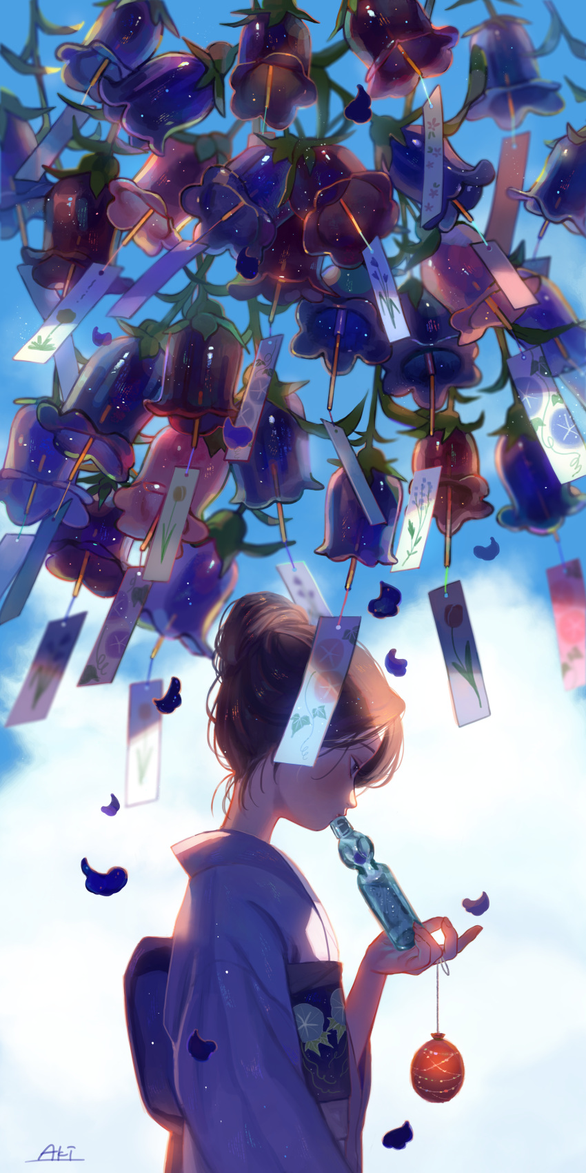 1girl absurdres aki_a0623 artist_name bangs blue_flower blue_sky bottle brown_hair cloud commentary_request day drinking fingernails floral_print flower hair_bun hand_up highres holding holding_bottle japanese_clothes kimono long_sleeves looking_away looking_down obi original paper petals profile ramune red_flower sash sky solo summer sunlight upper_body water_balloon water_bottle water_yoyo wind_chime yukata