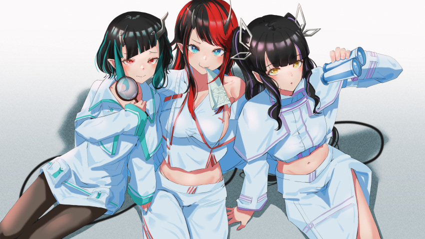 3girls absurdres alternate_costume bangs binoculars black_hair black_legwear blue_eyes blue_hair blush breasts cleavage closed_mouth coat commentary cowboy_shot demon_girl demon_horns demon_tail eyebrows_visible_through_hair fang highres holding holding_binoculars holding_magnifying_glass horns kojo_anna large_breasts long_hair long_sleeves looking_at_viewer magnifying_glass medium_breasts mouth_hold multicolored_hair multiple_girls navel open_mouth pants pantyhose paper pointy_ears purple_hair red_eyes red_hair ryugasaki_rene sankyo_(821-scoville) shishio_chris short_hair sidelocks sitting small_breasts smile sugar_lyric tail textless twintails two-tone_hair virtual_youtuber white_coat white_pants yellow_eyes