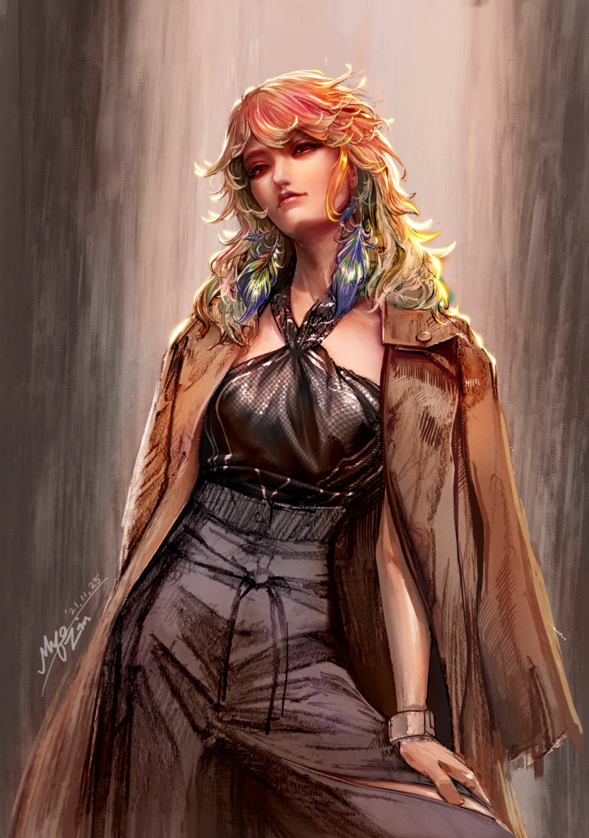 1girl arm_support backlighting bangs blonde_hair breasts brown_coat closed_mouth coat coat_on_shoulders contrapposto cowboy_shot earrings fashion feather_earrings feathers flipped_hair grey_pants halterneck highleg highres hololive hololive_english jewelry leaning_to_the_side lips long_hair long_sleeves multicolored_hair myo-zin orange_hair pants red_hair signature smile smirk solo takanashi_kiara torn_clothes torn_pants virtual_youtuber watch wristwatch