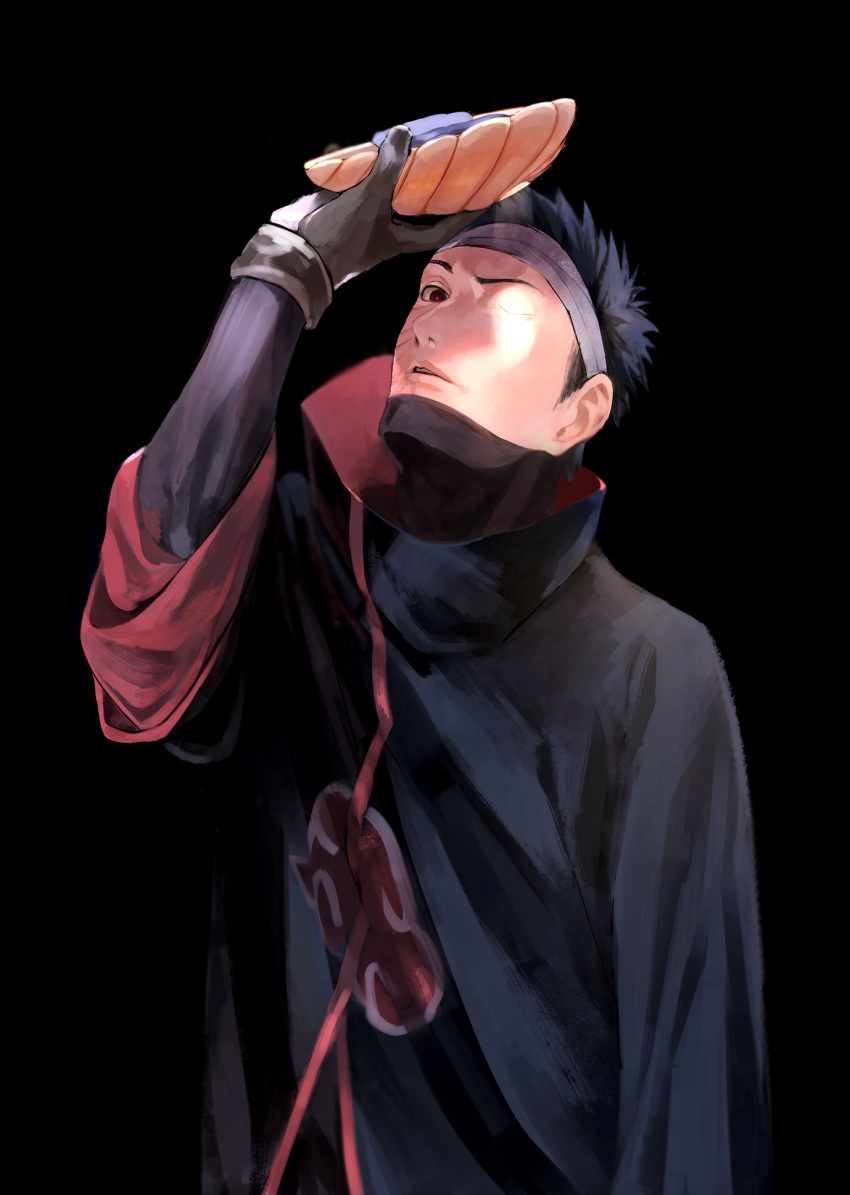1boy akatsuki_(naruto) akatsuki_uniform bandaged_head bandages black_gloves black_hair commentary_request gloves high_collar highres holding holding_mask male_focus mask mask_removed naruto_(series) naruto_shippuuden one_eye_closed red_eyes scar scar_on_face sharingan solo spiked_hair uchiha_obito wide_sleeves zifletts