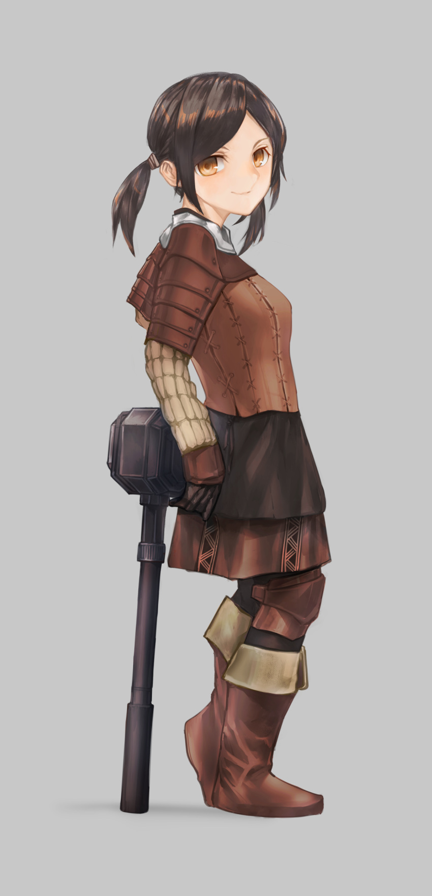 1girl absurdres armor bangs black_gloves black_hair black_legwear boots brown_armor brown_footwear brown_pupils brown_skirt closed_mouth dwarf full_body gloves hammer highres knee_pads looking_at_viewer medium_hair orange_eyes original pantyhose parted_bangs shoulder_armor simple_background skirt smile solo standing twintails ymok