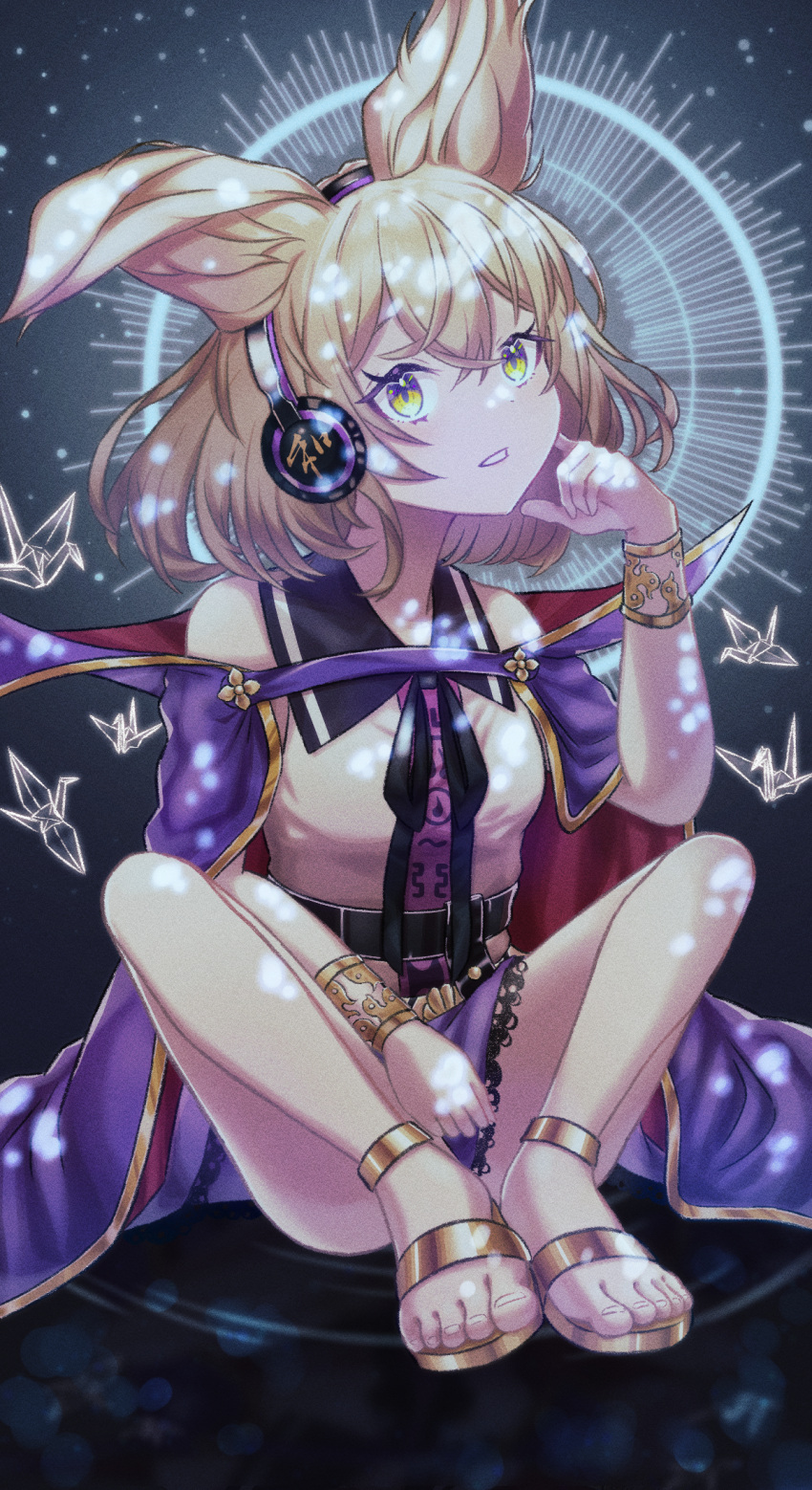 1girl bare_shoulders black_ribbon black_sailor_collar blonde_hair bracelet breasts cape eyebrows_behind_hair full_body gold_bracelet gold_trim hair_between_eyes hand_up highres jewelry looking_at_viewer medium_hair neck_ribbon noritamaru off_shoulder parted_lips pointy_hair purple_cape ribbon sailor_collar sitting small_breasts solo toes touhou toyosatomimi_no_miko yellow_eyes