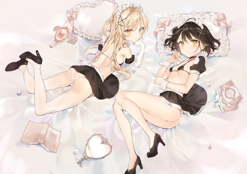 2girls absurdres ass back banned_artist bare_legs bare_shoulders bikini black_bikini black_choker black_footwear black_hair black_skirt blush book breasts brown_eyes brown_hair choker closed_mouth commentary detached_sleeves elbow_gloves gloves hair_ornament high_heels highres long_hair looking_at_viewer lying maid maid_bikini maid_headdress miniskirt mixed-language_commentary multiple_girls no_socks on_side on_stomach one_side_up original panties pillow puffy_short_sleeves puffy_sleeves sabet_(young_ouo) shoes short_hair short_sleeves skirt small_breasts stomach swimsuit thighhighs thighs underwear white_gloves white_legwear white_panties wrist_cuffs x_hair_ornament yellow_eyes