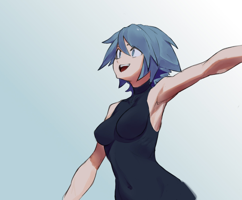 1girl aqua_(kingdom_hearts) armpits blue_eyes blue_hair breasts commentary covered_navel drowsykrid highres kingdom_hearts kingdom_hearts_birth_by_sleep open_mouth short_hair simple_background sleeveless smile solo