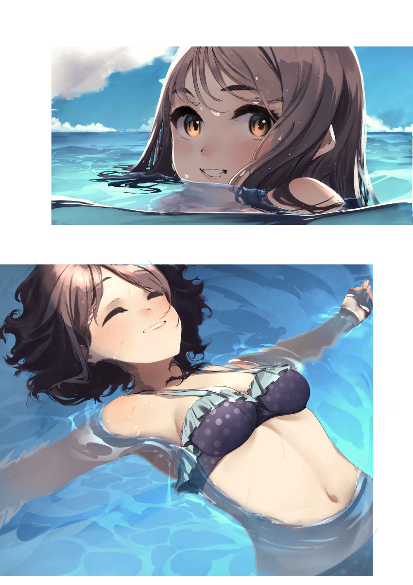 22/7 absurdres afloat brown_hair closed_eyes cloud floating highres hiiragi_tsubomi in_water looking_at_viewer medium_hair motsu_(onli_neet) ocean outstretched_arms sky smile sunlight swimsuit water wet wet_hair