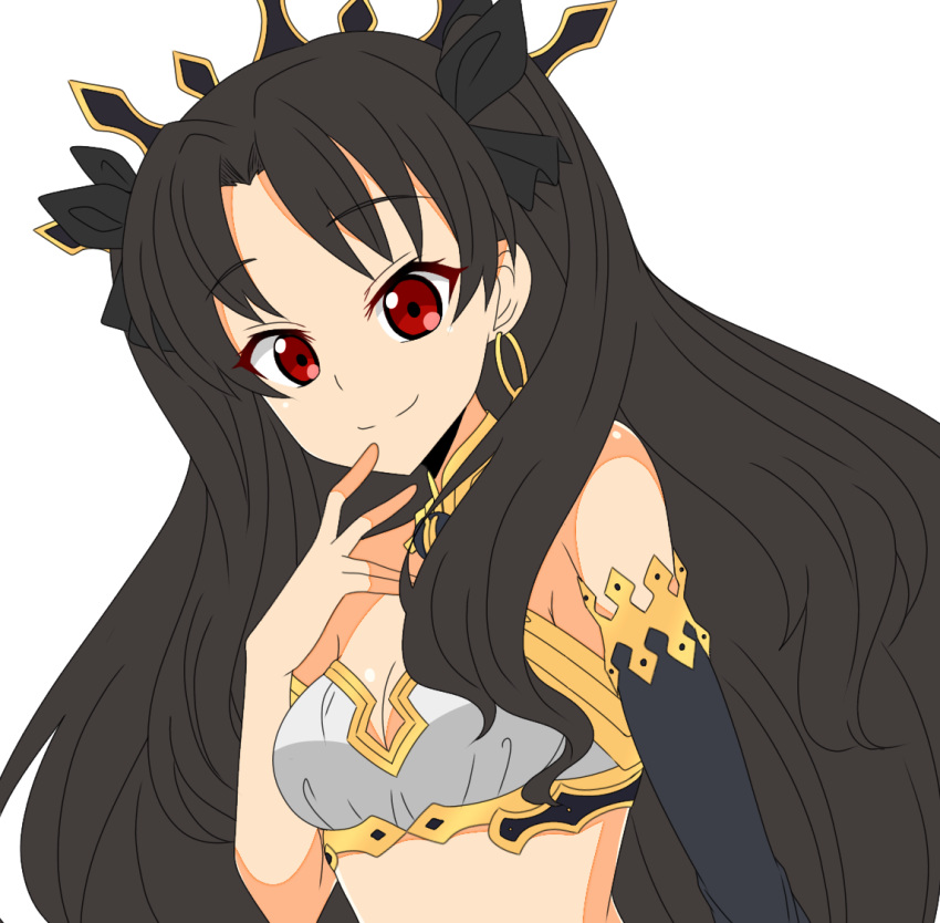 1girl bangs bikini black_gloves black_hair black_headwear black_ribbon breasts cleavage closed_mouth commentary_request earrings elbow_gloves eyebrows_visible_through_hair fate/grand_order fate_(series) gloves hair_ribbon hand_to_own_mouth hoop_earrings ishtar_(fate) jewelry long_hair looking_at_viewer medium_breasts red_eyes ribbon simple_background single_glove smile solo swimsuit tanutika tiara two_side_up white_background white_bikini