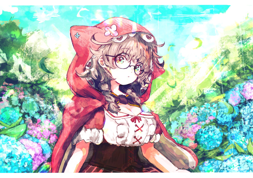 1girl :o absurdres bangs bespectacled black_bow bow braid breasts brown_hair capelet cleavage eyebrows_visible_through_hair flower glasses highres hood hood_up hooded_capelet hydrangea kanino_omiso large_breasts letterboxed looking_at_viewer multicolored_eyes nijisanji parted_lips round_eyewear short_sleeves solo twin_braids upper_body virtual_youtuber warabeda_meijii