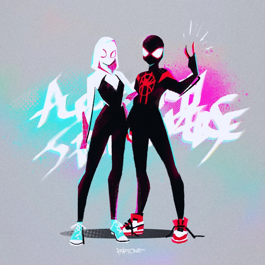 1boy 1girl \m/ bodysuit emblem gwen_stacy highres hood hood_up hooded_bodysuit looking_at_viewer marina_(mrn9) marvel mask miles_morales shoes sneakers spider-gwen spider-man:_across_the_the_spider-verse_part_1 spider-man:_into_the_spider-verse spider-man_(miles_morales) spider-man_(series) standing superhero