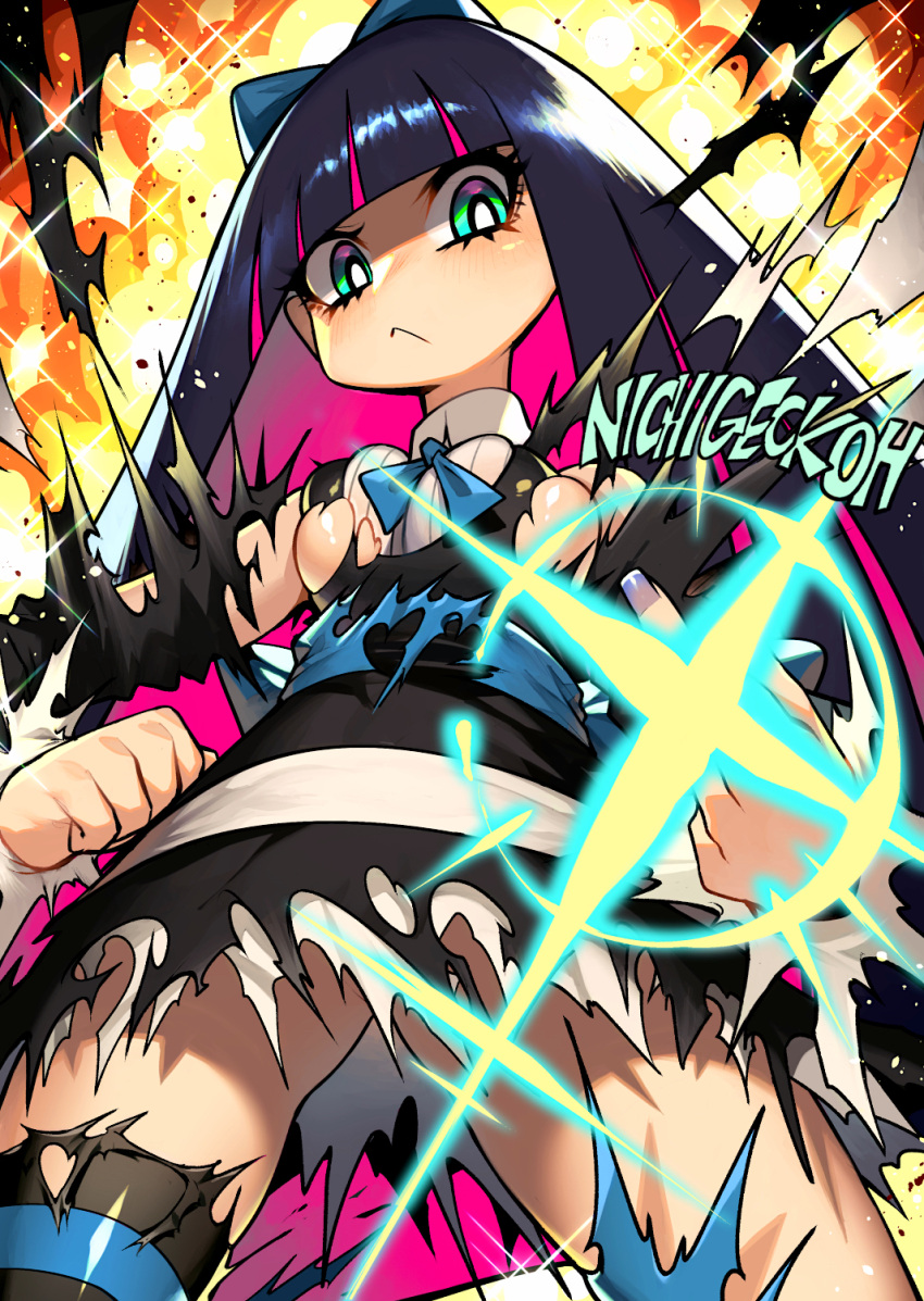 1girl :&lt; bangs black_dress black_hair black_legwear blue_ribbon blunt_bangs bow breasts dress explosion from_below gothic_lolita green_bow green_legwear hair_bow highres lolita_fashion long_hair long_sleeves medium_breasts multicolored_hair neck_ribbon nichigeckoh panty_&amp;_stocking_with_garterbelt pink_hair ribbon serious shiny shiny_hair solo sparkle stocking_(psg) thighhighs torn_clothes torn_dress