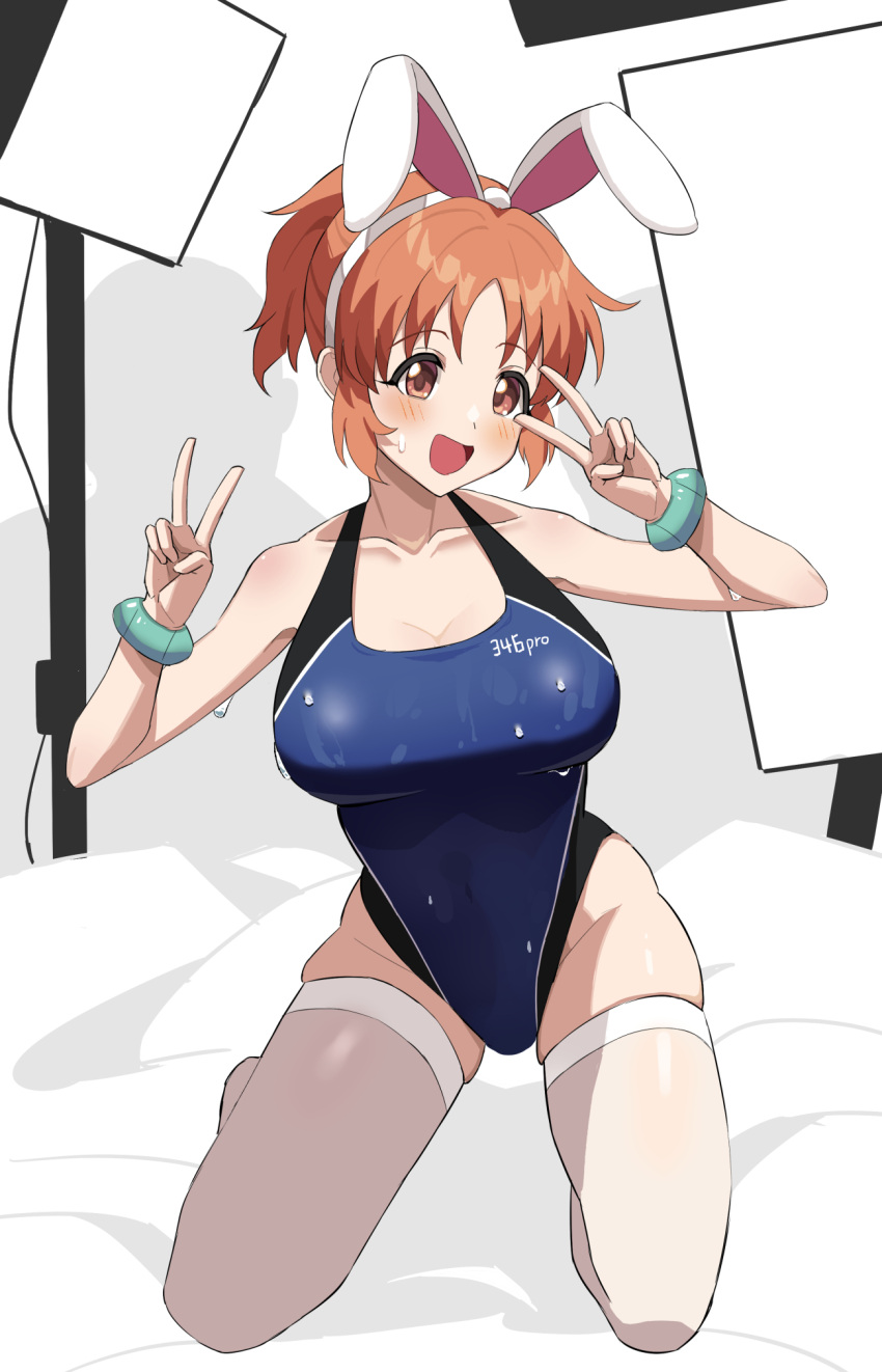 1girl abe_nana animal_ears blue_swimsuit bracelet brown_eyes brown_hair chinese_commentary collarbone competition_swimsuit double_v full_body highleg highleg_swimsuit highres idolmaster idolmaster_cinderella_girls jewelry kneeling one-piece_swimsuit open_mouth ponytail rabbit_ears short_hair solo swimsuit thighhighs v white_legwear za_yu_a