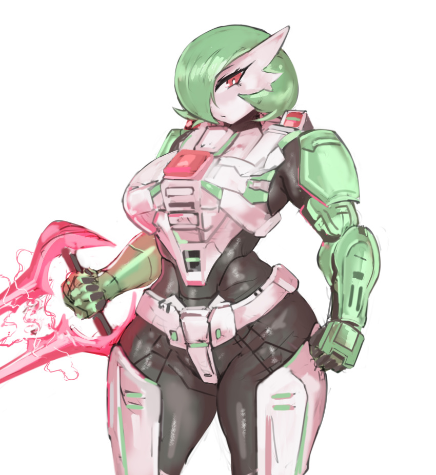 absurdres armor arms_at_sides bob_cut closed_mouth cosplay gardevoir girlsay green_hair hair_over_one_eye halo_(series) highres holding holding_weapon looking_at_viewer medium_hair pokemon pokemon_(creature) power_armor red_eyes simple_background sketch spartan_(halo) tsurime type-1_energy_sword weapon white_background